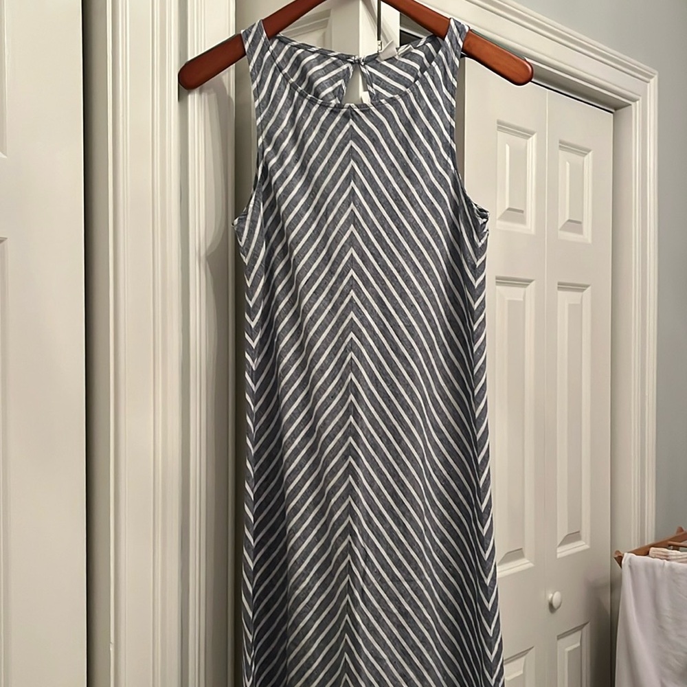 Striped Sleeveless Linen Maxi Dress - Chambray Blue and White